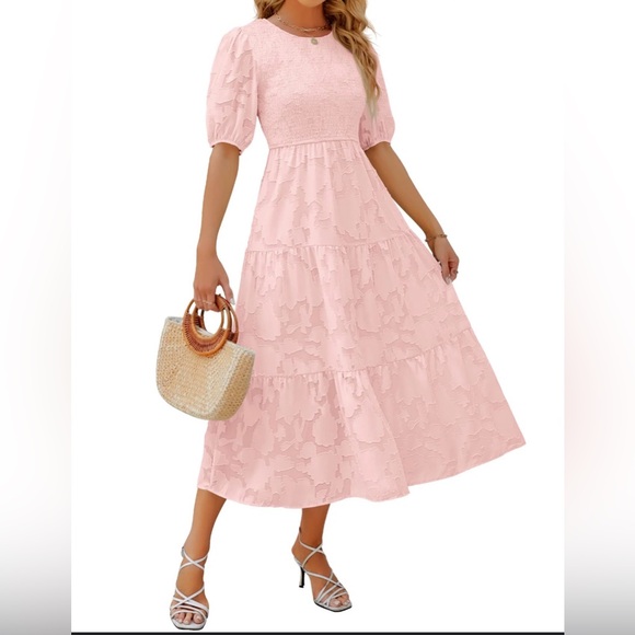 Zesica Dresses & Skirts - Chic Pink Midi Dress with Lace Detail